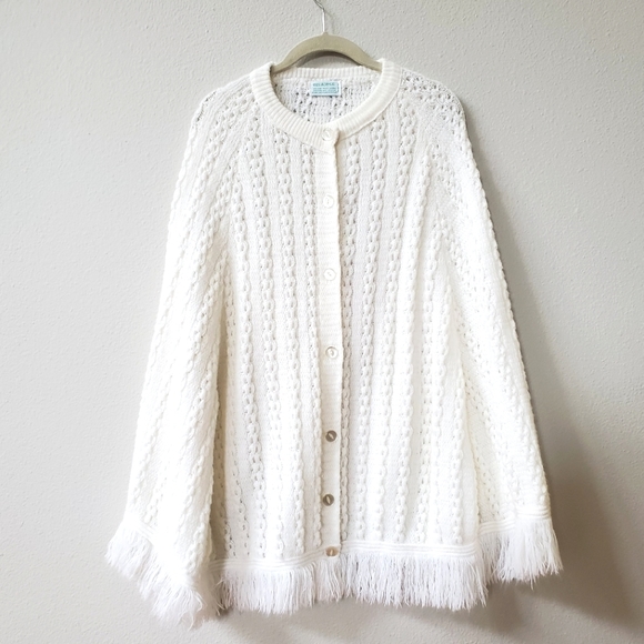 Vintage Knitted Button Up Sweater Poncho in Winter White - Picture 1 of 7